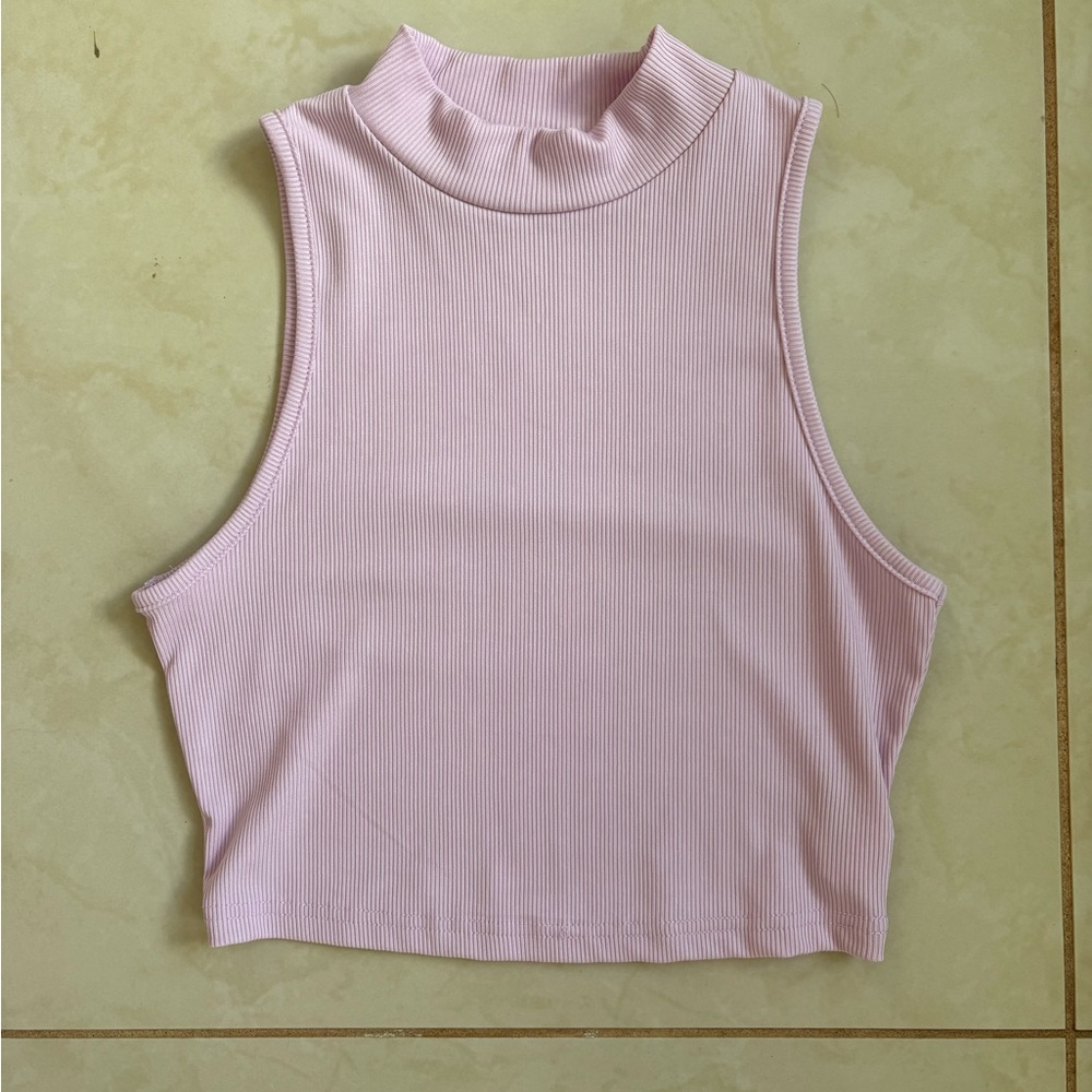 SHEIN Pink Ribbed Mock Neck Cropped Tank